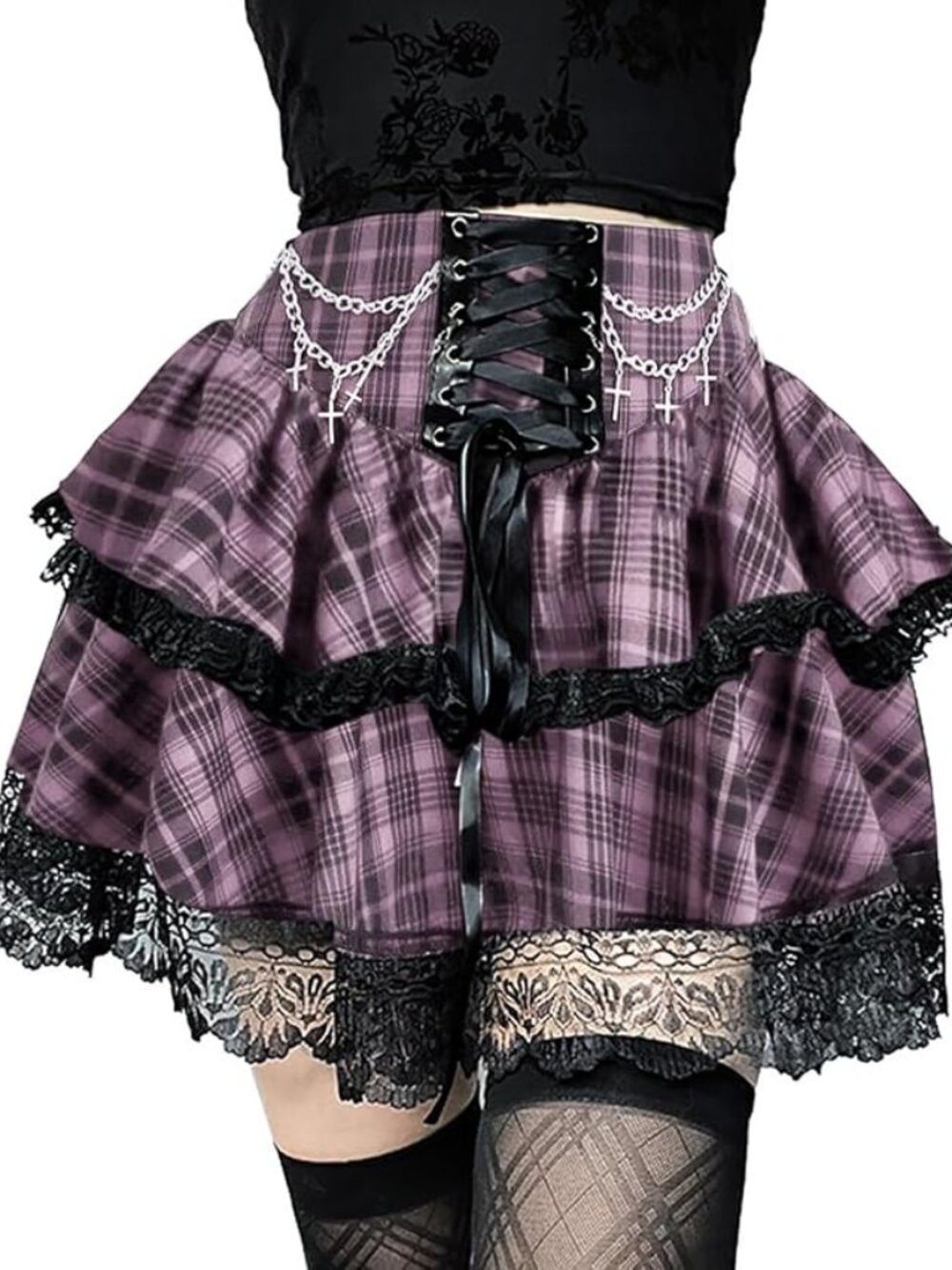 Womens Mini Gothic Skirt Tie Waist Layered Punk Emo Skirts